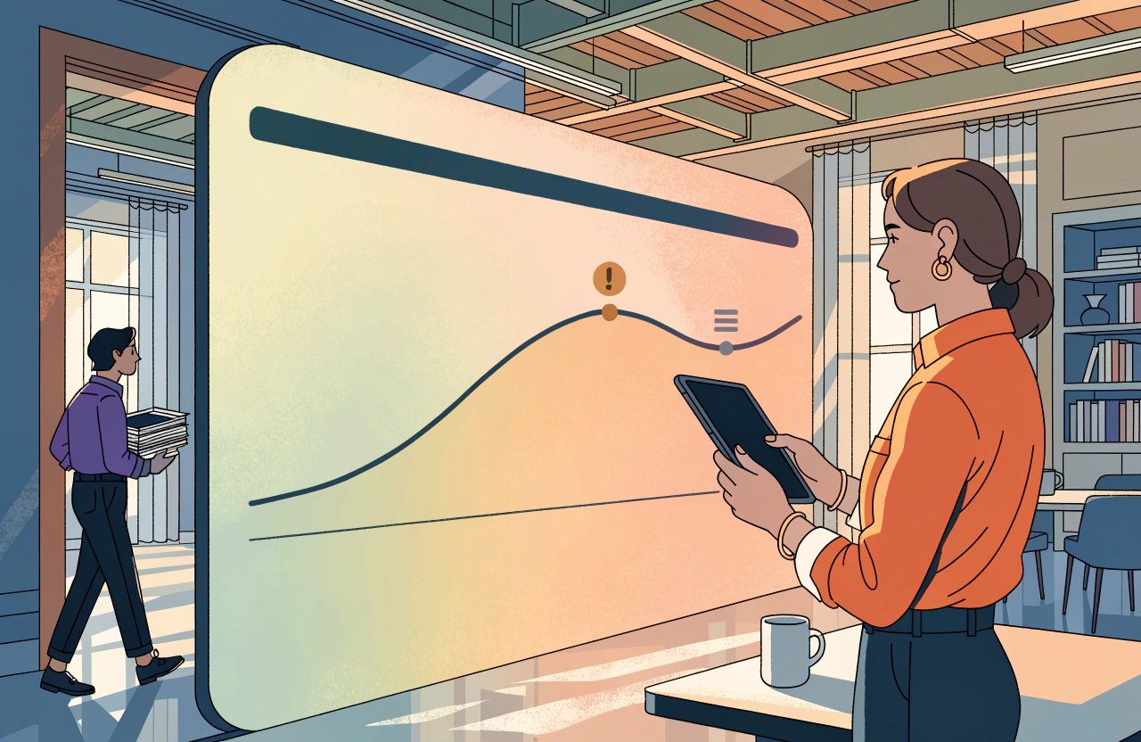 A revenue manager holding a tablet watches a wall screen showing a demand curve with an exception flagged, a ceiling bar above it and a floor line below.